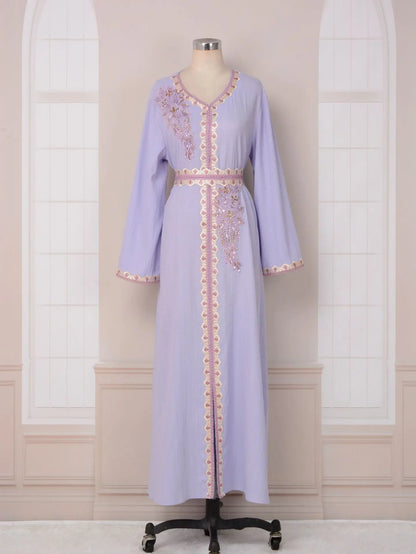 Ramadan Luxury Muslim Fashion Bat Sleeve Moroccan Turkiye Dubai Dress Middle East Arab Dress Sequins Golden Velvet Long Dress
