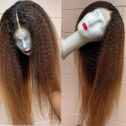 Soft Yaki 26”Long Ombre Brown Blonde Kinky Straight 180Density Deep Lace Front Wig For Black Women Synthetic Babyhair Preplucked