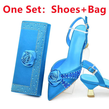 New Fashion Women Shoes and Bags To Match Set Nigeria Party Women's Pumps with Handmade Flowers Bag and Shoe Set Italian