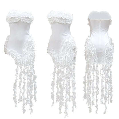 Women Strapless Ruffles Tassel Splicing Irregular Birthday Bodycon Midi Maxi Dress 2025 Even Sexy Party Dresses Vestidos