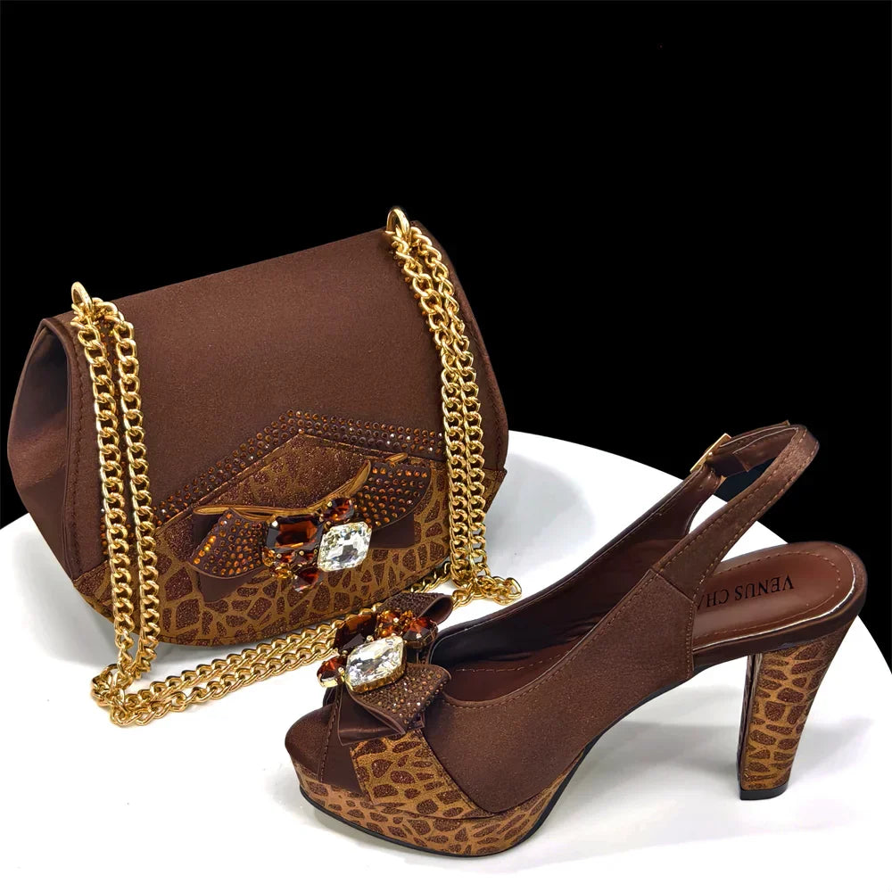 Nigerian Women Heel Party Shoes and Bag Set Royal Blue Colour Rhinestone Handbag Italian Design Wedding INS 2024