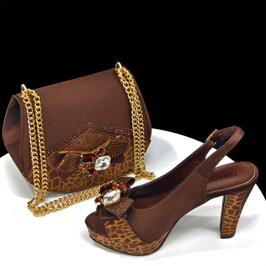 Nigerian Women Heel Party Shoes and Bag Set Royal Blue Colour Rhinestone Handbag Italian Design Wedding INS 2024