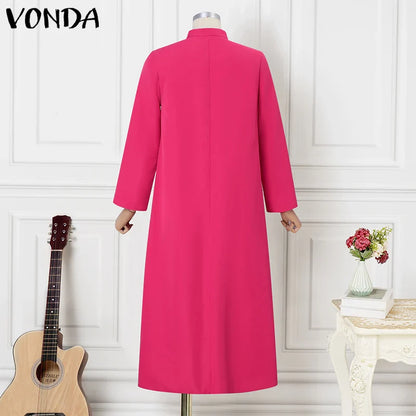 Plus Size VONDA Women Ruffled Maxi Long Dress 2024 Casual Solid Color A-Line Shirt Dress Stand Collar Long Sleeve Party Vestido