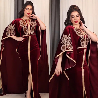 Ramadan Luxury Muslim Fashion Bat Sleeve Moroccan Turkiye Dubai Dress Middle East Arab Dress Sequins Golden Velvet Long Dress