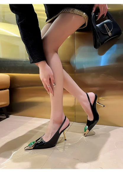 Women's Gem Metal Pointed Temperament High Heels with Sexy Empty Sandals
