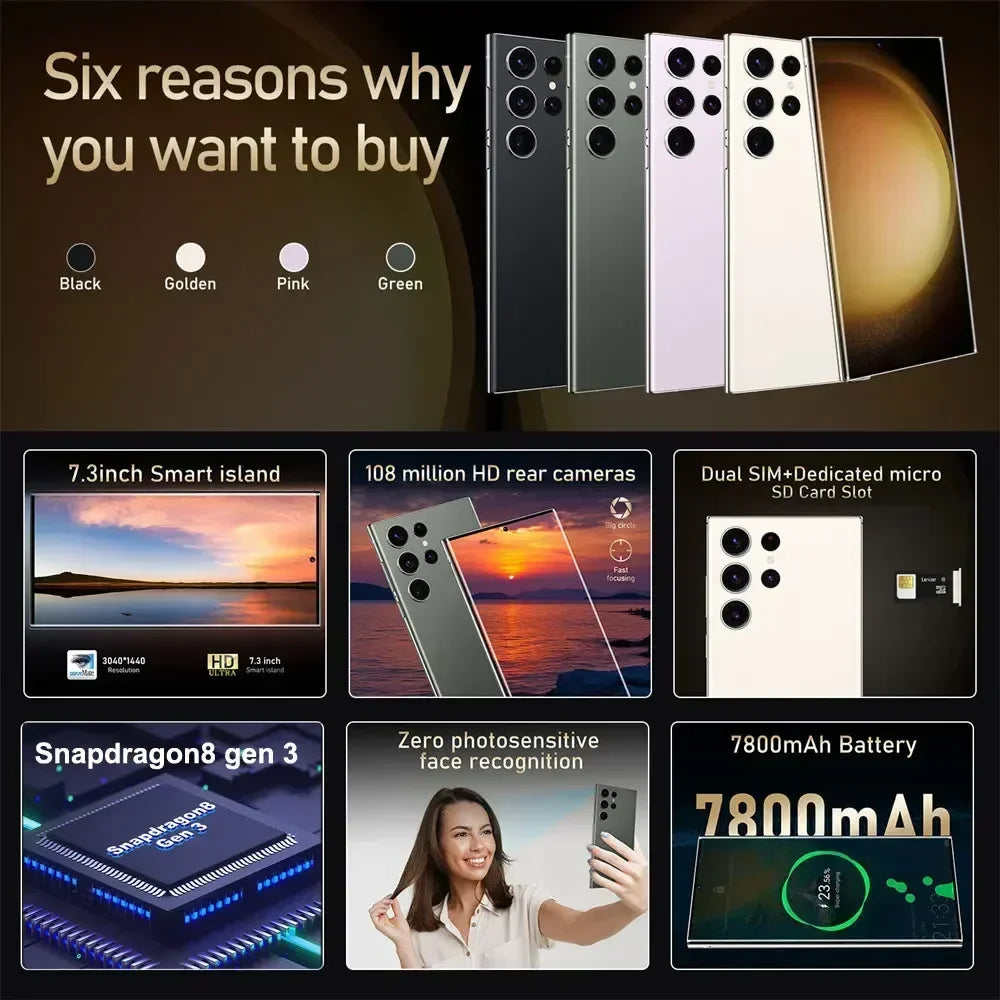 New Android Smartphone 7.3HD 5G Snapdragon 8 Gen 3 Cell phones 7800mAh Mobile Phones Face Unlocked Cell Phone Android