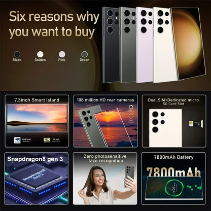 New Android Smartphone 7.3HD 5G Snapdragon 8 Gen 3 Cell phones 7800mAh Mobile Phones Face Unlocked Cell Phone Android