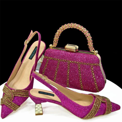 Venus Chan 2024 Special Design High Quality Orange Color African Women Shoes and Bag Set with Shinning Crystal for Wedding Party