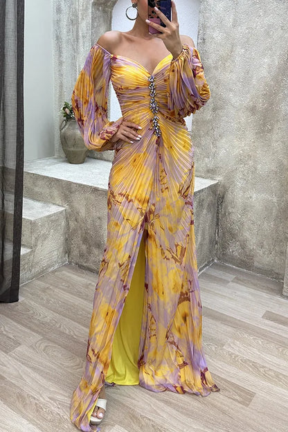 Women Floral Lantern Long Sleeve Dress Elegant Rhinestone Off Shoulder Maxi Dresses Sexy Deep V-neck  Waist Split Parties Dress