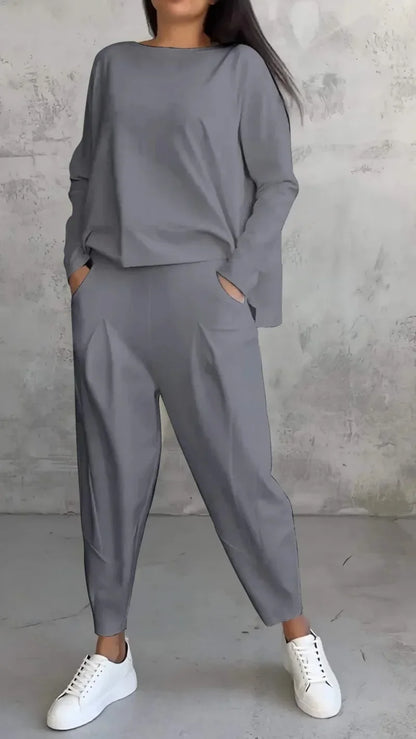 Women Two Piece Pant Sets Solid Full Sleeved Tops Round Neck Casual Midi Waist Long Pants Pockets Regular Elegant Lady