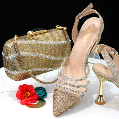 Venus Chan Shoes for Women 2023 Pointed Toe Black Heels Rhinestone Chain Party Sandals Italian Shoes and Bags Matching Set 2023