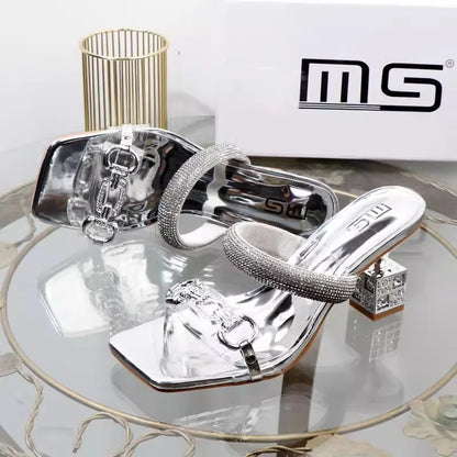 Womens Slippers with Middle Heel Open Toes Anti Slip Rhinestones Chain Buckle 2025 New Summer Outdoor PU Fashion Slippers