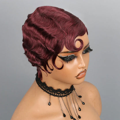 Short Finger Wave Wig Human Hair Wigs For Women 180% Density Brown Short Ocean Wave Wig Pixie Cut Wigs for Woman Natural Look
