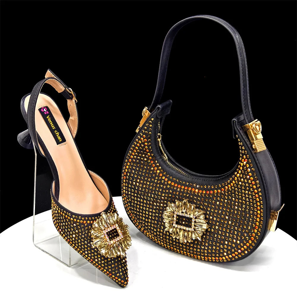 Venus Chan Luxury Rhinestone Heel & Handbag Set – Black & Gold Party Combo