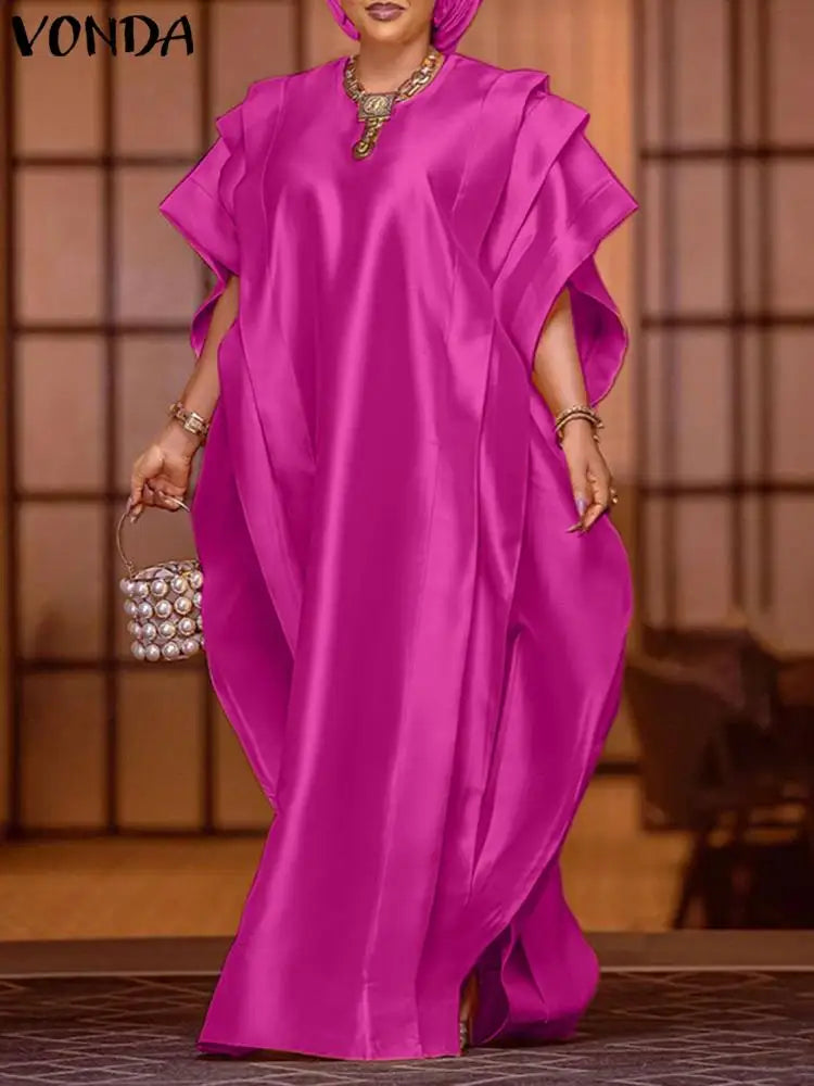 VONDA Oversize Women Maxi Dress Elegant Short Sleeve Ruffled Satin Silk Party Sundress 2024 Casual Loose Solid Color Summer Robe