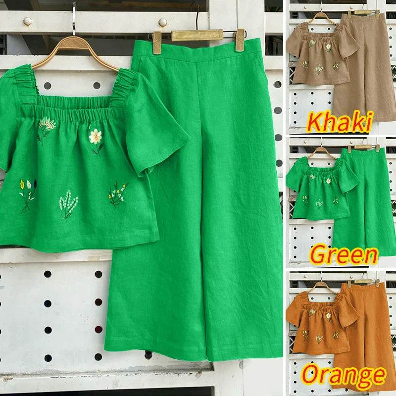 ZANZEA Women Short Sleeve Square Collar Tops Elastic Waist Pant Sets Summer Outfits Elegant Floral Embroidery Two Piece Suts