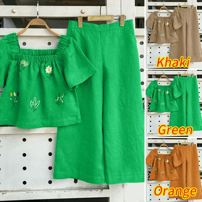 ZANZEA Women Short Sleeve Square Collar Tops Elastic Waist Pant Sets Summer Outfits Elegant Floral Embroidery Two Piece Suts