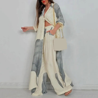 Two-piece Suit Women Contrasting Color Suit Stylish Women's V-neck Patchwork Printed Suit for Various Occasions Loose Fit Top