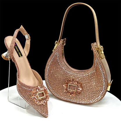Venus Chan Luxury Rhinestone Heel & Handbag Set – Black & Gold Party Combo