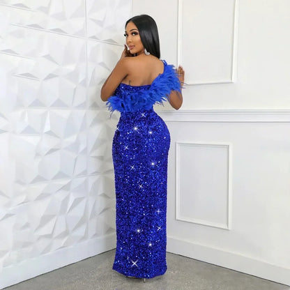 One Shoulder Feather Sequin Prom Long Slit Dress Party Evening Gowns Elegant Luxury Celebrity Night Club Sexy Bodycon Dresses
