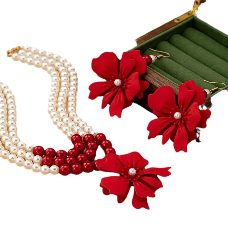 Necklace Big Red Flowers Pendant 3 Layers of Pearl Chain Women Girls Gifts Fashion Jewelry Hot Sale Party Gift 2025 New Style
