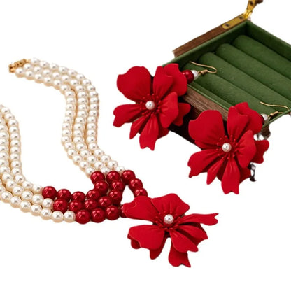 Necklace Big Red Flowers Pendant 3 Layers of Pearl Chain Women Girls Gifts Fashion Jewelry Hot Sale Party Gift 2025 New Style