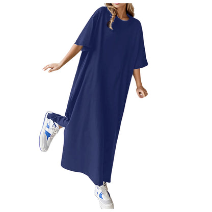 Summer Solid Color T Shirt Dress Casual Short Sleeved Loose Dresses Round Neck Slit Maxi Dress For Women Elegant Vestidos 2024