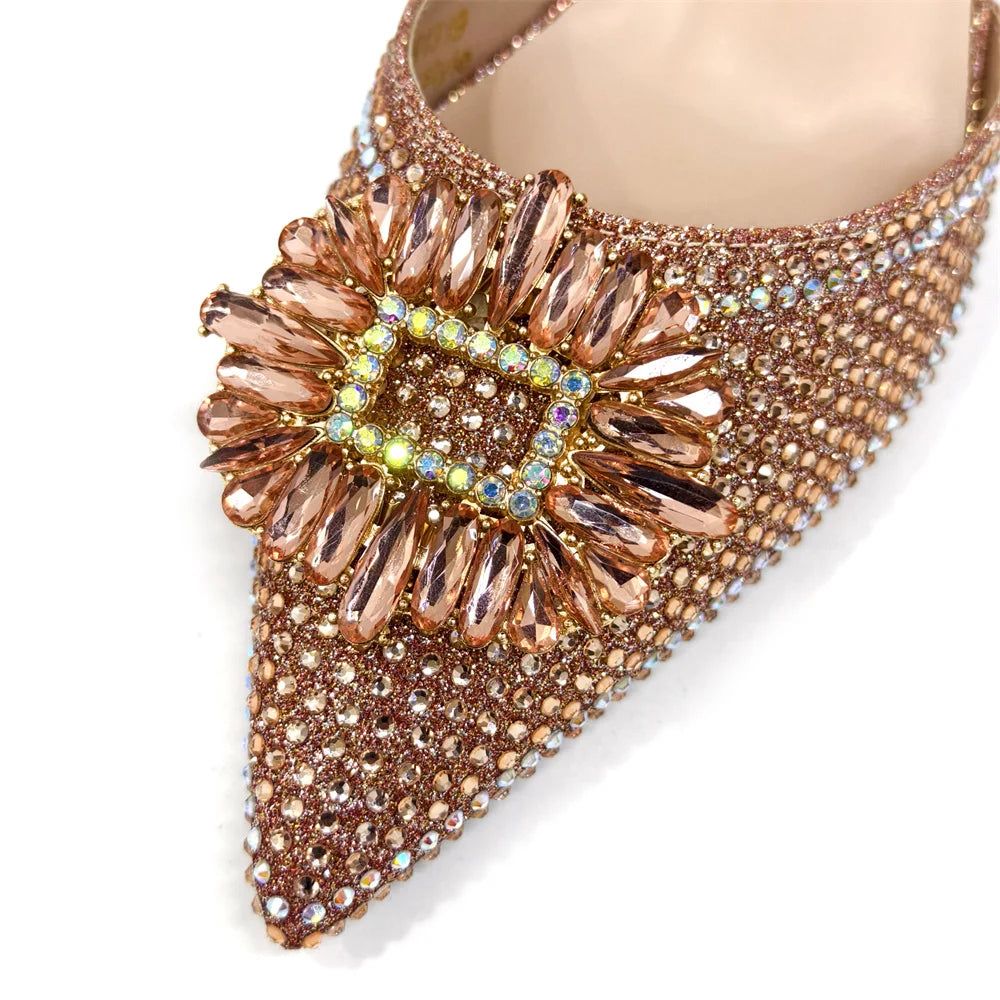 Venus Chan Luxury Rhinestone Heel & Handbag Set – Black & Gold Party Combo