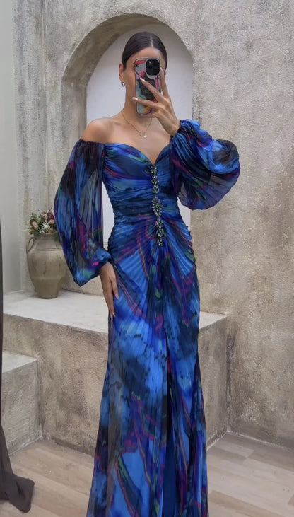 Women Floral Lantern Long Sleeve Dress Elegant Rhinestone Off Shoulder Maxi Dresses Sexy Deep V-neck  Waist Split Parties Dress