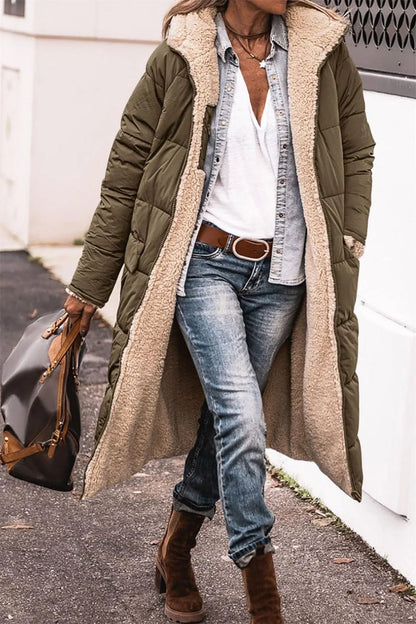 Winter Hooded Quilted Jacket For Women Solid Reversible Long Sleeve Thick Coat Warm Fashion Long Outerwear Casual Puffer Coats