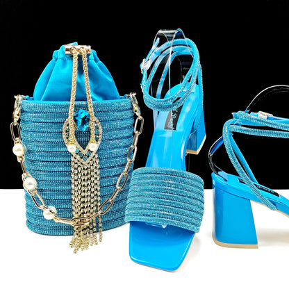 Newest Olive Colour Personalized  Design Rhinestone Decoration High Heel Peep Toe Banquet Ladies Shoes And Bag Set