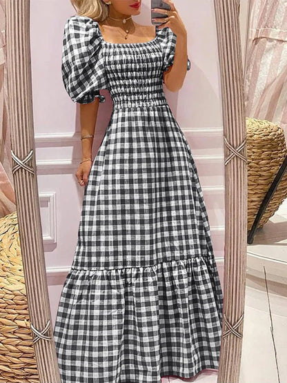 VONDA 2024 Summer Women Maxi Dress Casual Short Sleeve Square Collar Vintage Plaid Party Bohemian Vestidos Loose Long Sundress