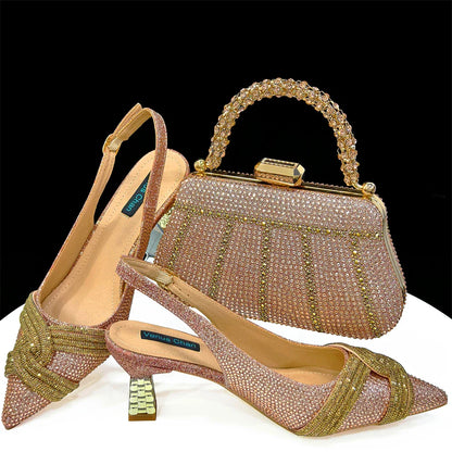 Venus Chan 2024 Special Design High Quality Orange Color African Women Shoes and Bag Set with Shinning Crystal for Wedding Party