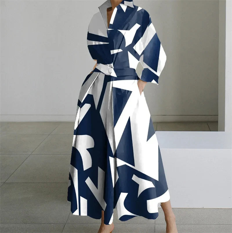 Plus Size Dress for Women Summer Elegant Lapel Oil Painting Button Shirt Dress Vestidos Casual 3/4 Sleeve Dress Party Vestido