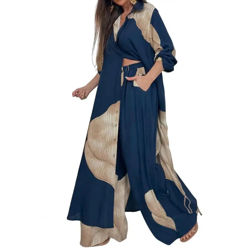 Two-piece Suit Women Contrasting Color Suit Stylish Women's V-neck Patchwork Printed Suit for Various Occasions Loose Fit Top