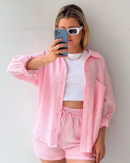 Women's Short Sets 2 Pcs Sale Grass Green Loose Button Cardigan Blouse Coats & Drawstring Wide Leg Loose Short Pant Suits