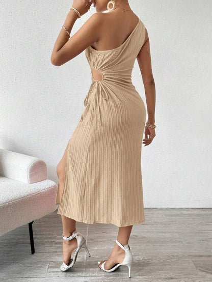 Spring and Summer Elegant Sexy Sleeveless Single Shoulder Diagonal Neck Solid Color Slit Dress Women Summer Dress 2025