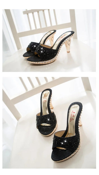 Summer Women Sandals Rhinestone Women Shoes Sexy High Heels Shoe Ladies Sandalias Gold Silver Women Slippers Heeled Sandals Sexy
