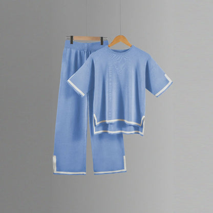 Two-piece Summer New Knitted Elegant Trousers Suit Short-sleeved Pullover Wide-leg Pants Casual Home Two-piece Women's Set
