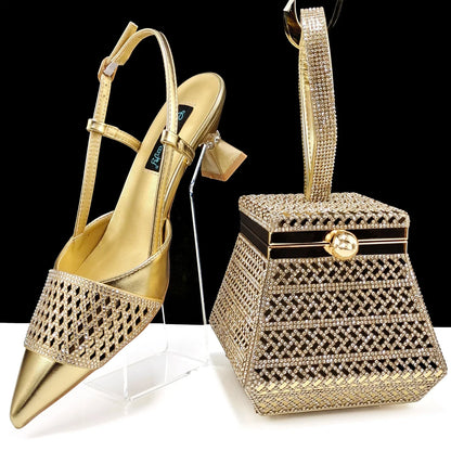 Nigeria Fashion Rhinestone-encrusted Ladies Party Shoes And Special bag High Heels And Dual Purpose Mini Bag Women's Shoes