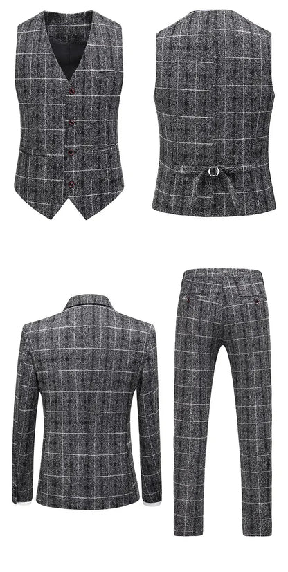 Traje De Hombre Elegante (Blazer+ Vest + Pants) Men's Fashion Business Gentleman Wedding Casual Plaid Cotton Linen British Suit