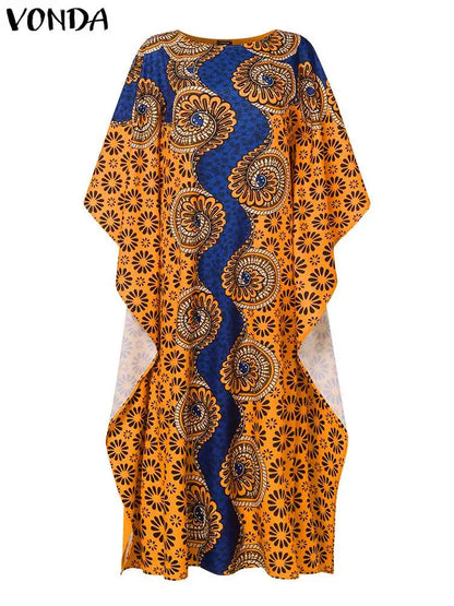 VONDA Women Maxi Dress 2024 Bohemian Summer Dress 3/4 Sleeve Casual Loose Floral Printed Vintage Holiday Vestidos Robe