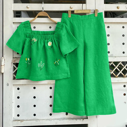 ZANZEA Women Short Sleeve Square Collar Tops Elastic Waist Pant Sets Summer Outfits Elegant Floral Embroidery Two Piece Suts
