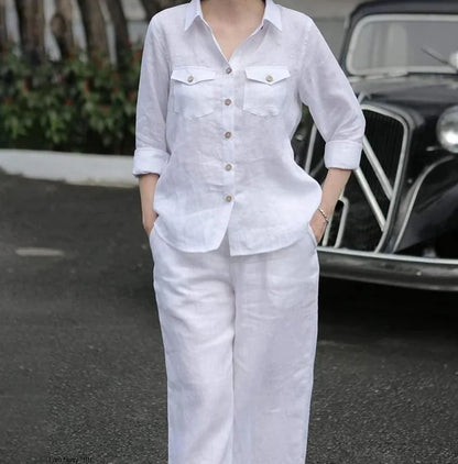 Women Elegant Lapel Neck Long Sleeve Shirt Pants Sets 2PCS Fashion Autumn Outifits Solid Work Trousers Suits Tracksuit