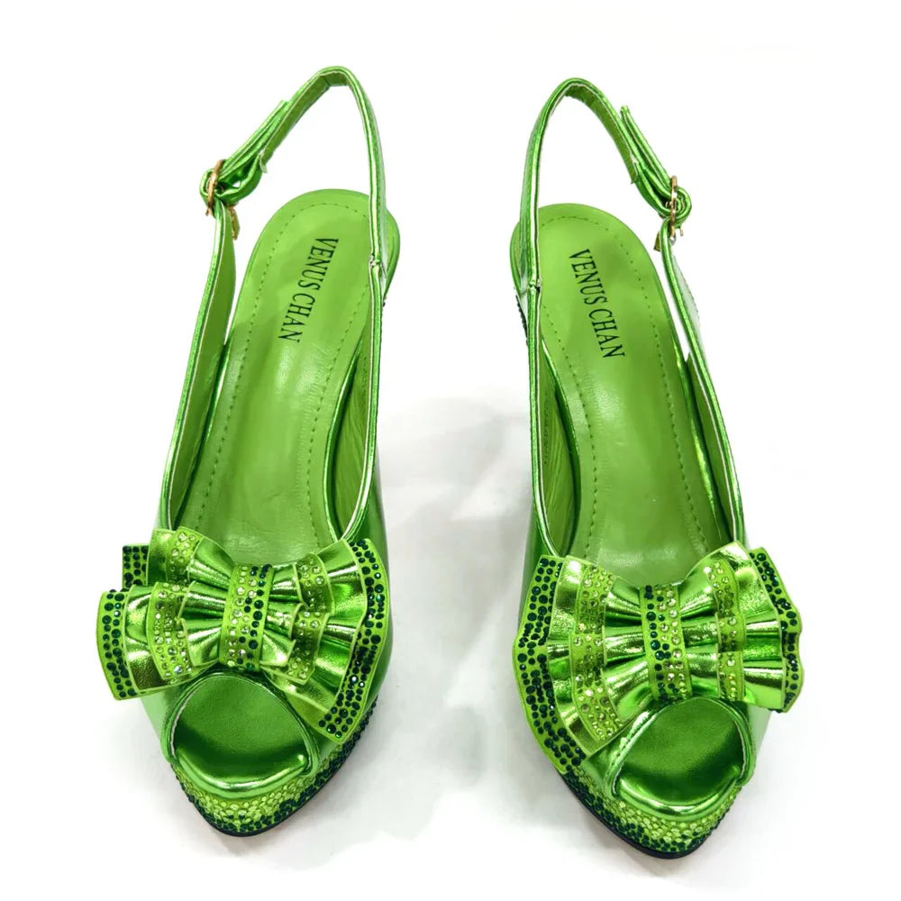 Venus Chan Open Toe Women Heels for 2024 Elegant Party Green Color Diamond Pumps Italian Shoes and Bags Matching Set