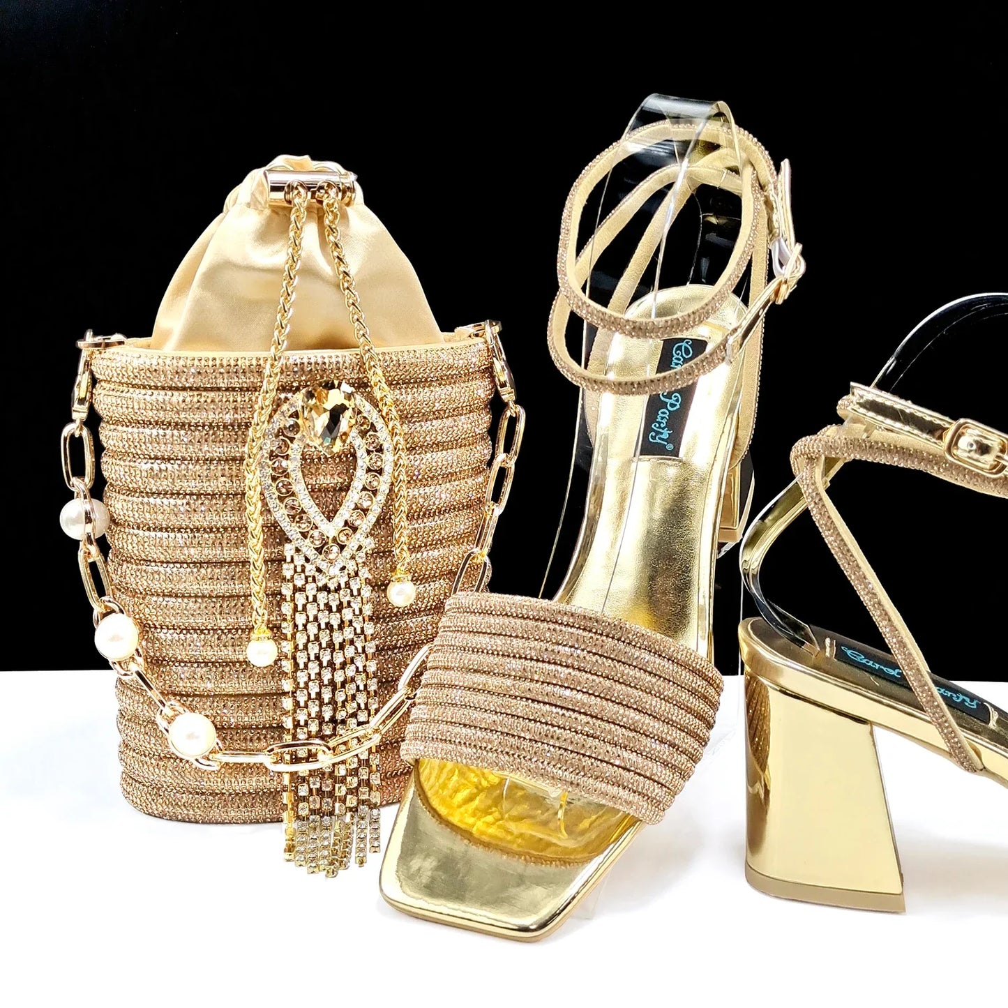 Newest Olive Colour Personalized  Design Rhinestone Decoration High Heel Peep Toe Banquet Ladies Shoes And Bag Set
