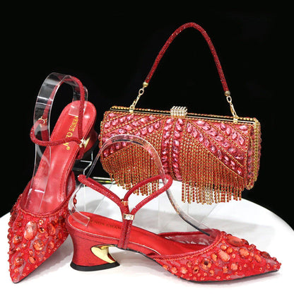 Venus Chan Pointed Toe Heels for Women Party Green Color Full Diamond Lace Matching Design Italian Shoe and Bag Set Designer