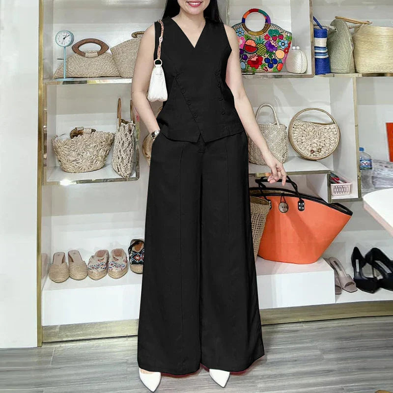 ZANZEA 2025 Summer Women Pant Sets Casual V Neck Vests Tops Wide Leg Pant 2pcs Outfits Office Lady Solid Commute Trouser Suits