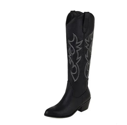 Pointed Toe Knight Boots for Women Brown PU Leather Knee High Boots Woman  Autumn Winter Western Cowboy Long Botas Mujer 2024