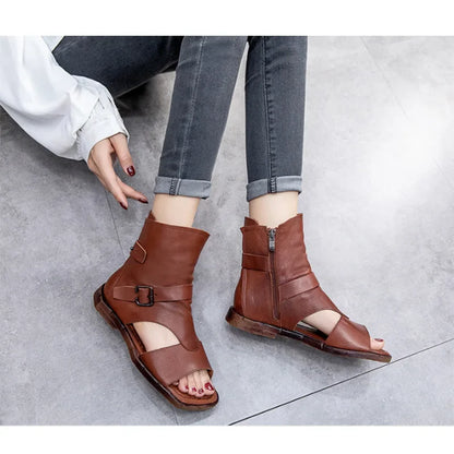 Spring 2021 new leather vintage handmade open-toe side zipper flat flat boots and sandals for women